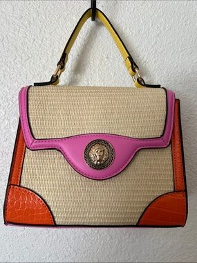 Aldo Multicolor Woven Straw Shoulder Bag with Yellow/Pink Trim & Orange Corners